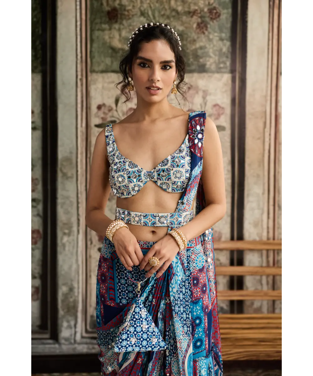 DIYARAJVVIR - Ivory Butta Print and Highlighted Blouse with Teal Print and Highlighted Gharara Saree Set